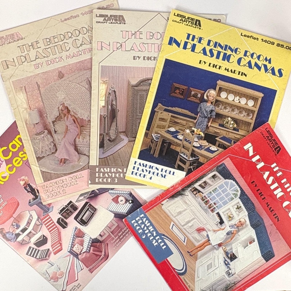 Leisure Arts Plastic Canvas Pattern Book Lot 5 Fashion Doll Playhouse Camper 90s